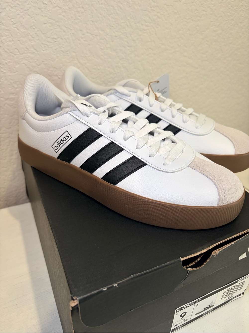 Adidas VL Court 3.0 White w/ Black Stripes and Gum Sole New in Box Womens 9
